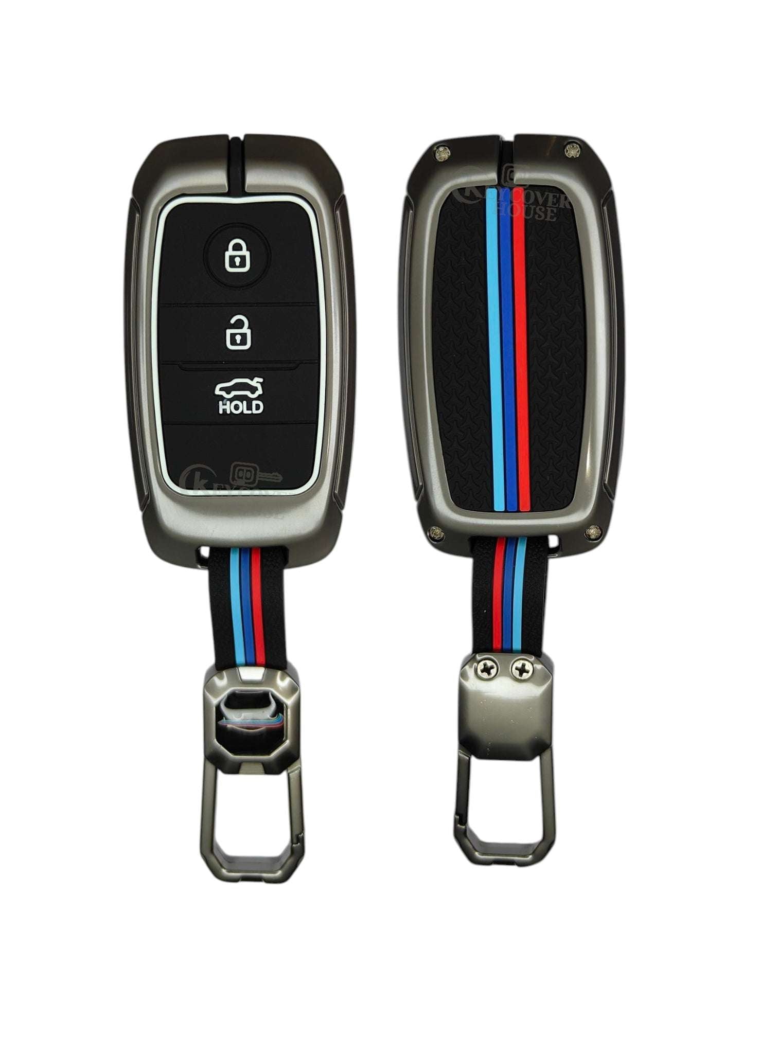 KEY COVER HOUSE Metal Striped Key Cover And Key Chain Compatible For Kia Seltos 3 Button Smart key - Key Cover House