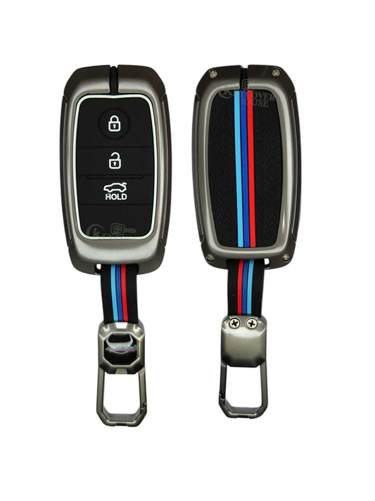 KEY COVER HOUSE Metal Striped Key Cover And Key Chain Compatible For Kia Seltos 3 Button Smart key - Key Cover House