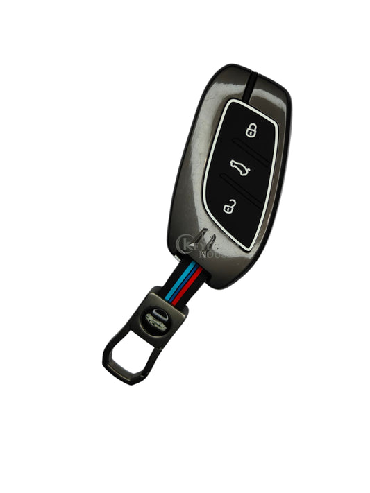 KEY COVER HOUSE Metal Striped Key Cover And Key Chain Compatible For MG ZS EV, Astor Hector 3 Button Smart Key