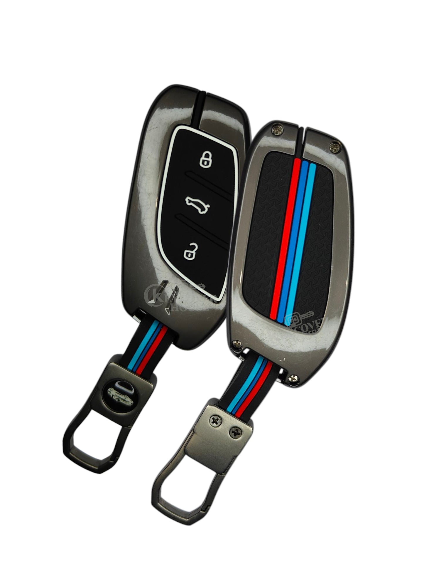 KEY COVER HOUSE Metal Striped Key Cover And Key Chain Compatible For MG ZS EV, Astor Hector 3 Button Smart Key