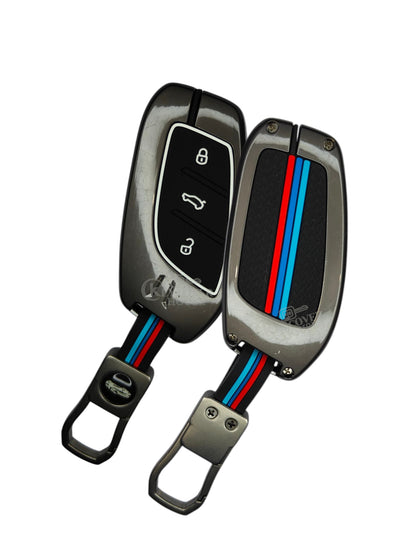 KEY COVER HOUSE Metal Striped Key Cover And Key Chain Compatible For MG ZS EV, Astor Hector 3 Button Smart Key