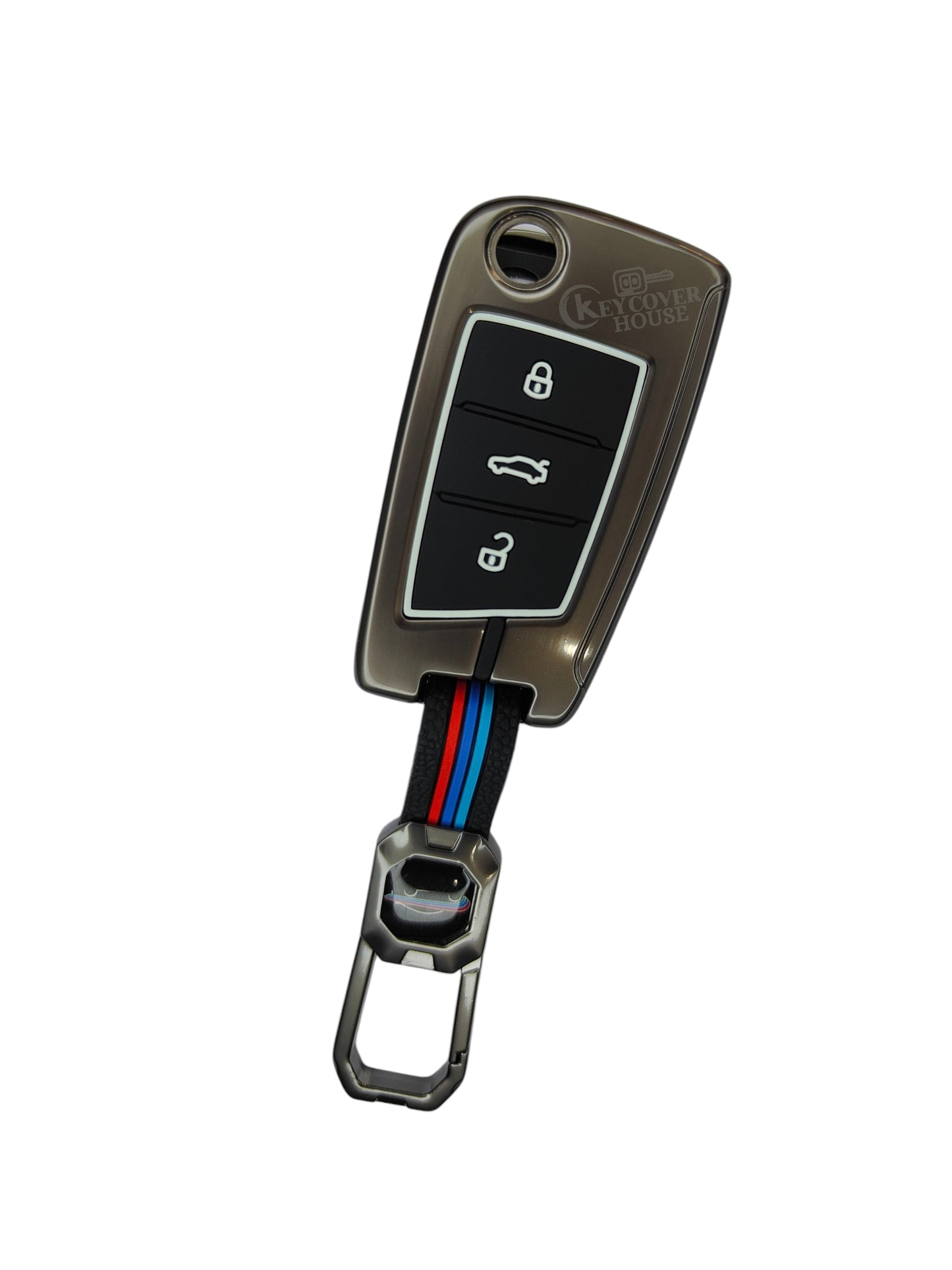 KEY COVER HOUSE Metal Striped Key Cover And Key Chain Compatible For "Jetta/Karoq/Kodiaq/Octavia/ PassatHighline/Superb/Tiguan/T-Roc"3 Button Flip Key