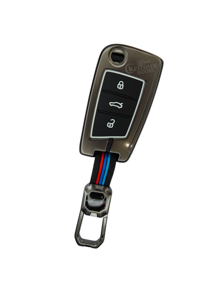 KEY COVER HOUSE Metal Striped Key Cover And Key Chain Compatible For "Jetta/Karoq/Kodiaq/Octavia/ PassatHighline/Superb/Tiguan/T-Roc"3 Button Flip Key