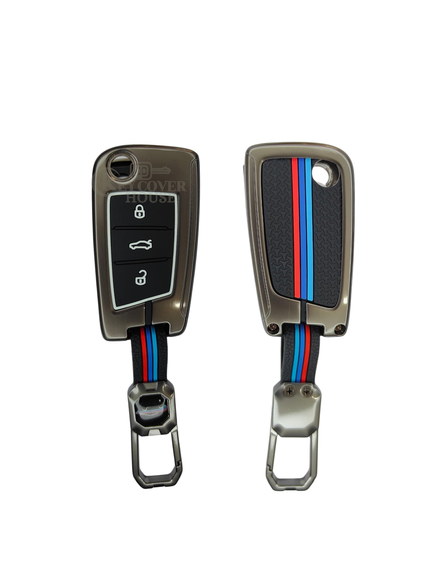 KEY COVER HOUSE Metal Striped Key Cover And Key Chain Compatible For "Jetta/Karoq/Kodiaq/Octavia/ PassatHighline/Superb/Tiguan/T-Roc"3 Button Flip Key