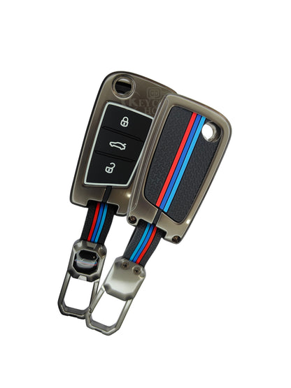 KEY COVER HOUSE Metal Striped Key Cover And Key Chain Compatible For "Jetta/Karoq/Kodiaq/Octavia/ PassatHighline/Superb/Tiguan/T-Roc"3 Button Flip Key