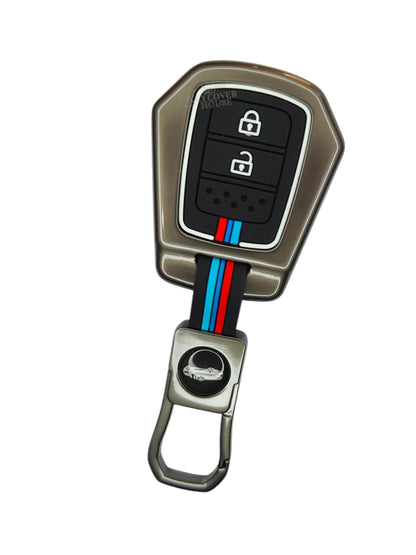 KEY COVER HOUSE Metal Striped Key Cover And Key Chain Compatible For Honda "Accod/Amaze/Brio/City/ CR-V/Jazz/Mobilio/WR-V"2 Button