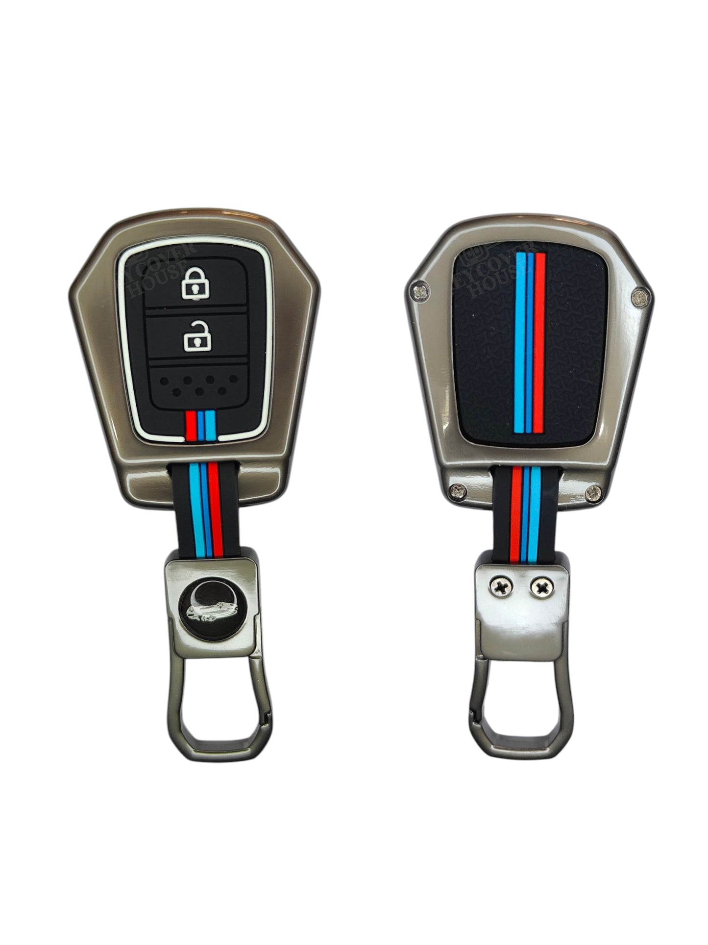 KEY COVER HOUSE Metal Striped Key Cover And Key Chain Compatible For Honda "Accod/Amaze/Brio/City/ CR-V/Jazz/Mobilio/WR-V"2 Button