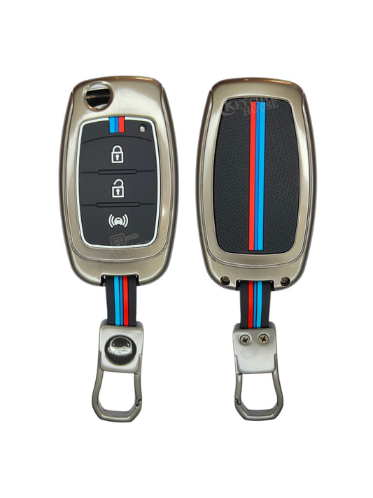 KEY COVER HOUSE Metal Striped Key Cover And Key Chain Compatible For XUV 300, Alturas G4,3 Button flip key