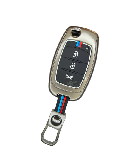 KEY COVER HOUSE Metal Striped Key Cover And Key Chain Compatible For XUV 300, Alturas G4,3 Button flip key