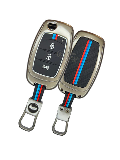 KEY COVER HOUSE Metal Striped Key Cover And Key Chain Compatible For XUV 300, Alturas G4,3 Button flip key