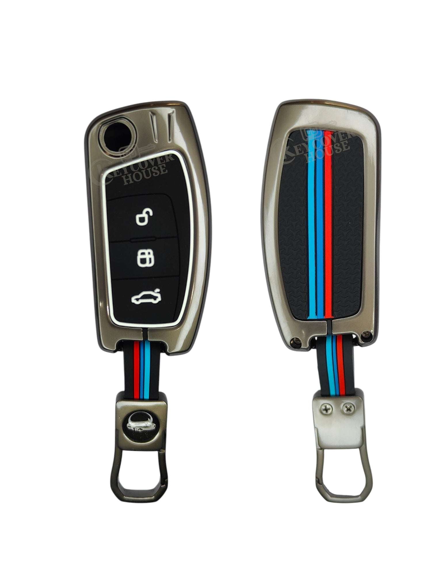 KEY COVER HOUSE Metal Striped Key Cover And Key Chain Compatible For  Ford Fiesta, Figo, Old Ecosport 3 Button Flip Key - Key Cover House