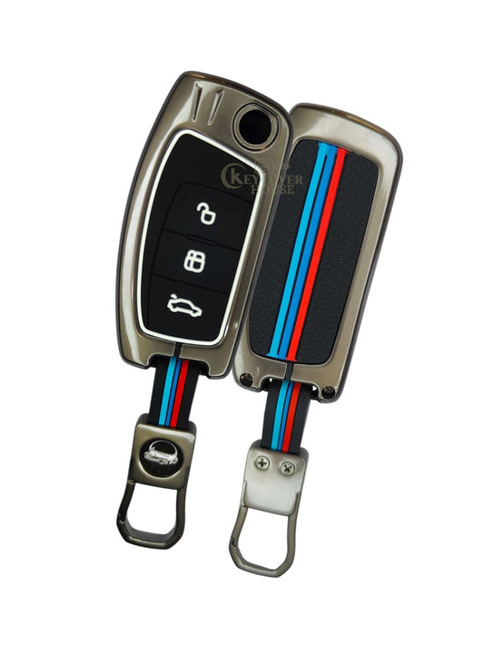 KEY COVER HOUSE Metal Striped Key Cover And Key Chain Compatible For  Ford Fiesta, Figo, Old Ecosport 3 Button Flip Key - Key Cover House