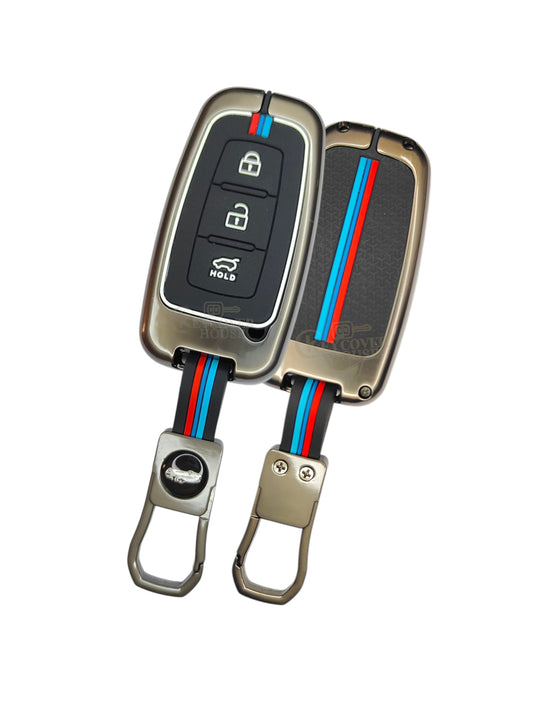 KEY COVER HOUSE Metal Striped Key Cover And Key Chain Compatible For Hyundai "Hyundai:TucsonI30/Sonata/Solaris/Accent/ Verna/ix35/Veloster/i45 Kia:Cadenza/Picanto/Borrego /Optima /New Cerato/Magentis /Mohave/ Forte/Shuma"3 Button Smart Key