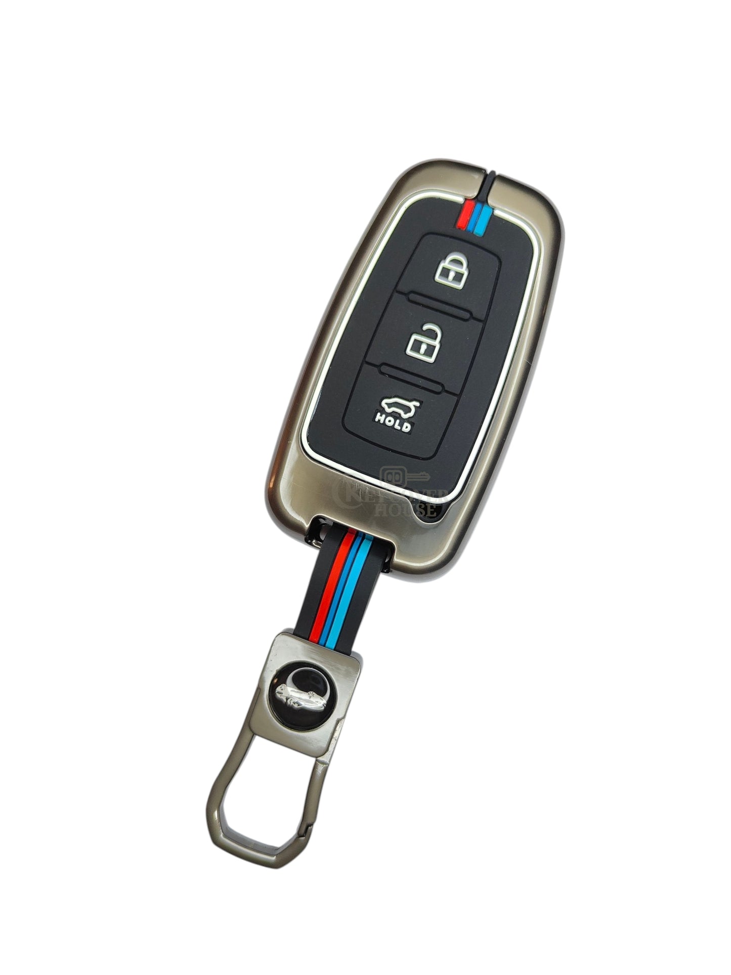 KEY COVER HOUSE Metal Striped Key Cover And Key Chain Compatible For Hyundai "Hyundai:TucsonI30/Sonata/Solaris/Accent/ Verna/ix35/Veloster/i45 Kia:Cadenza/Picanto/Borrego /Optima /New Cerato/Magentis /Mohave/ Forte/Shuma"3 Button Smart Key