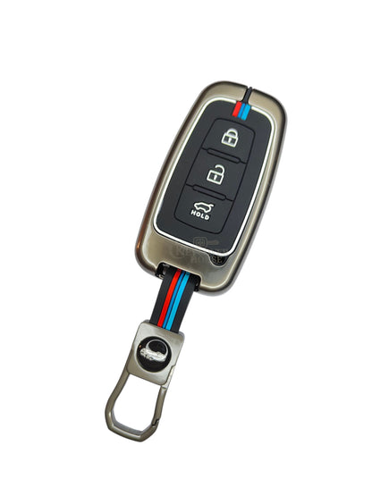 KEY COVER HOUSE Metal Striped Key Cover And Key Chain Compatible For Hyundai "Hyundai:TucsonI30/Sonata/Solaris/Accent/ Verna/ix35/Veloster/i45 Kia:Cadenza/Picanto/Borrego /Optima /New Cerato/Magentis /Mohave/ Forte/Shuma"3 Button Smart Key