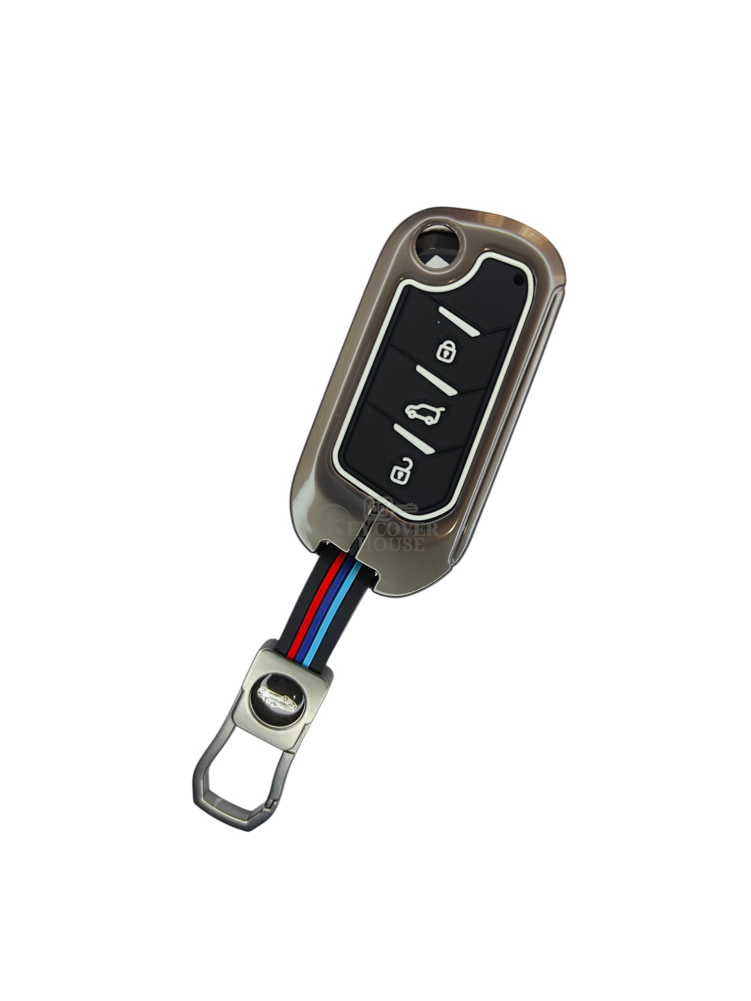 KEY COVER HOUSE Metal Striped Key Cover And Key Chain Compatible For Bolero 2020+/Marazzo/Scorpio 2019+/Thar2020+/TUV300Plus - Key Cover House