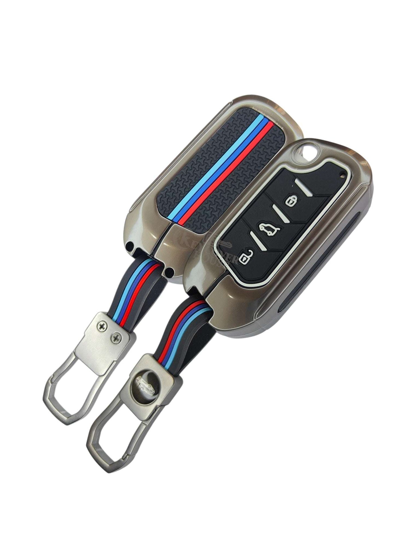 KEY COVER HOUSE Metal Striped Key Cover And Key Chain Compatible For Bolero 2020+/Marazzo/Scorpio 2019+/Thar2020+/TUV300Plus - Key Cover House