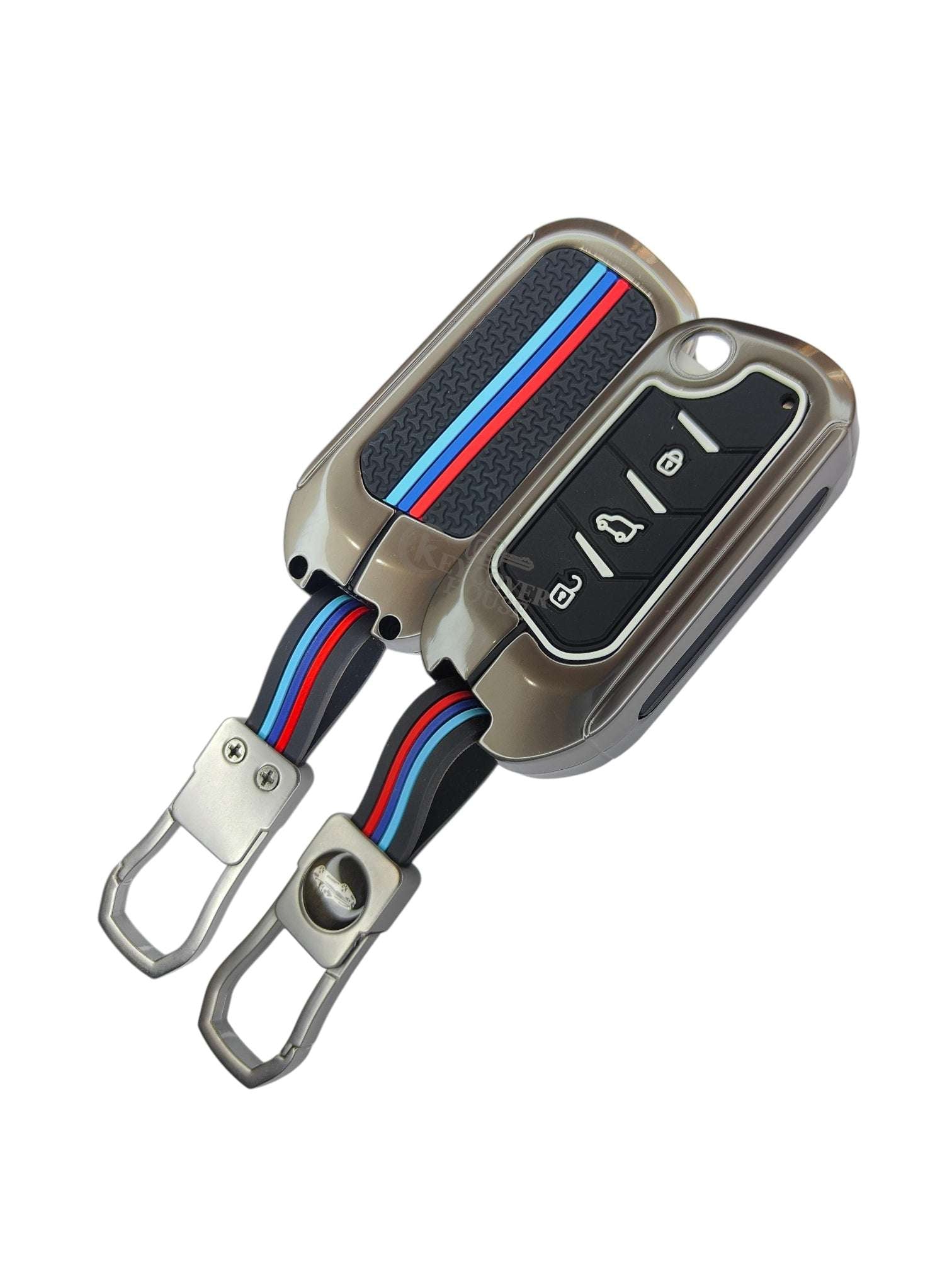 KEY COVER HOUSE Metal Striped Key Cover And Key Chain Compatible For Bolero 2020+/Marazzo/Scorpio 2019+/Thar2020+/TUV300Plus - Key Cover House