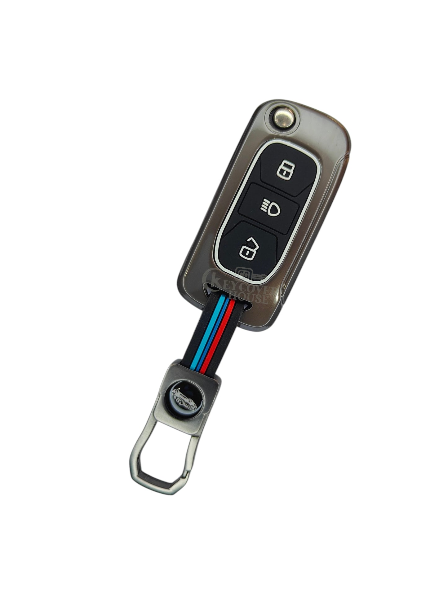 KEY COVER HOUSE Metal Striped Key Cover And Key Chain Compatible For Tata "Bolt/Hexa/Nexon /Tiago/Tigor/Zest"3 Button Flip key