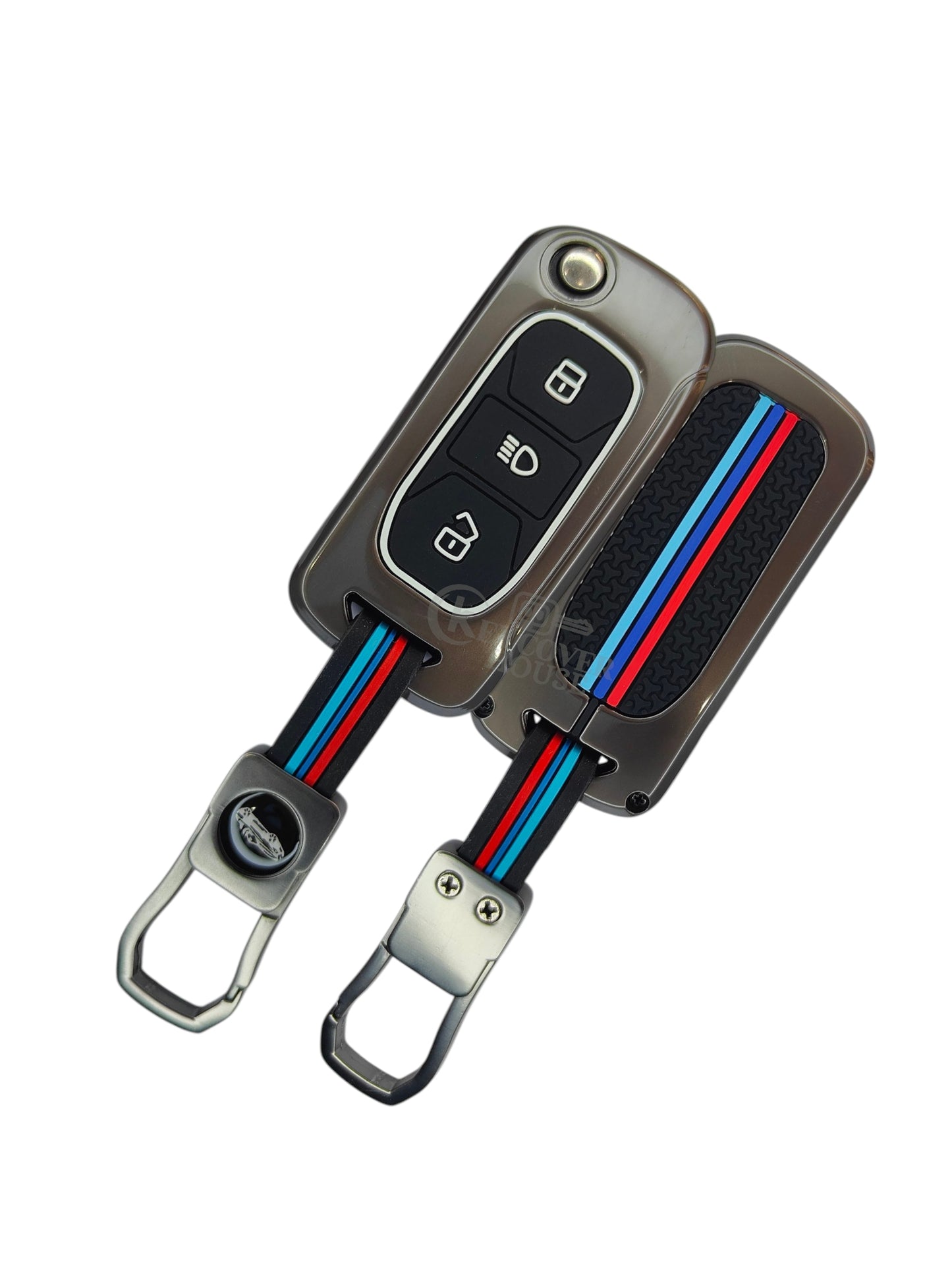 KEY COVER HOUSE Metal Striped Key Cover And Key Chain Compatible For Tata "Bolt/Hexa/Nexon /Tiago/Tigor/Zest"3 Button Flip key