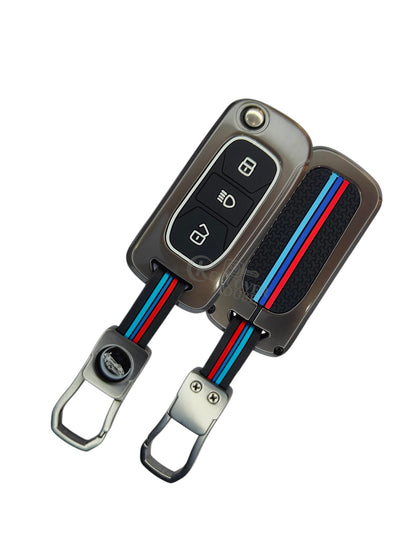 KEY COVER HOUSE Metal Striped Key Cover And Key Chain Compatible For Tata "Bolt/Hexa/Nexon /Tiago/Tigor/Zest"3 Button Flip key