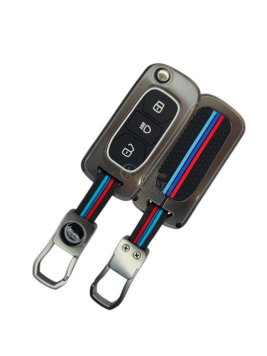 KEY COVER HOUSE Metal Striped Key Cover And Key Chain Compatible For Tata "Bolt/Hexa/Nexon /Tiago/Tigor/Zest"3 Button Flip key