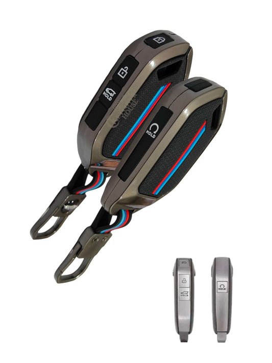 KEY COVER HOUSE Metal Striped Key Cover And Key Chain Compatible For  Metal Key Cover Compatible with Kia Syros, EV6 EV9 4 Button Smart Key - Key Cover House