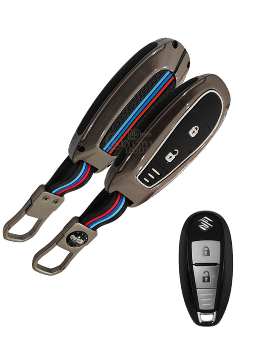 KEY COVER HOUSE Metal Striped Key Cover And Key Chain Compatible For Baleno, Ciaz, Ignis, SCross, Vitara Brezza, Urban Cruiser Filter 2 button smart key