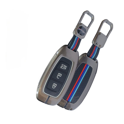KEY COVER HOUSE Metal Striped Key Cover And Key Chain Compatible For Verna/Kona Electric 3 Button  Smart Key