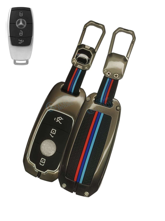 KEY COVER HOUSE Metal Striped Key Cover and Key Chain Compatible for Mercedes Benz A Class, C Class, G Class, E Class, S Class 2020 Onwards Cars New 3 Button Smart Key - Key Cover House