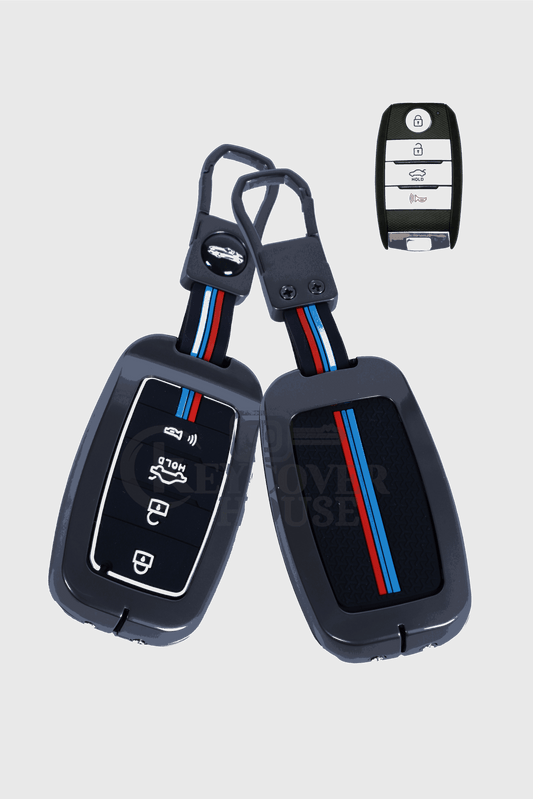 KEY COVER HOUSE Metal Striped Key Cover and Key Chain Compatible for Kia Seltos Car 4 Button Smart Key - Key Cover House