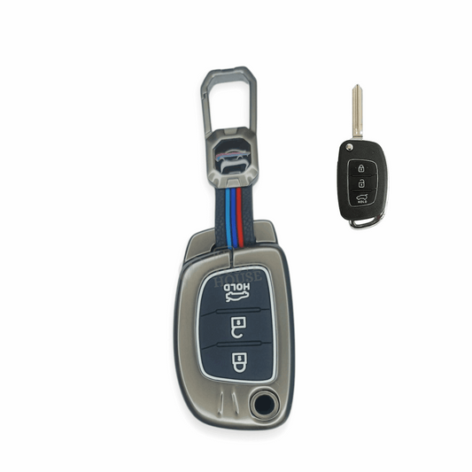 KEY COVER HOUSE Metal Striped Key Cover and Key Chain Compatible for Hyundai Creta I Venue I Tucson I Alcazar I i20 I Grand i10 Nios I Aura I Xcent I Exter 3 Button Flip Key - Key Cover House