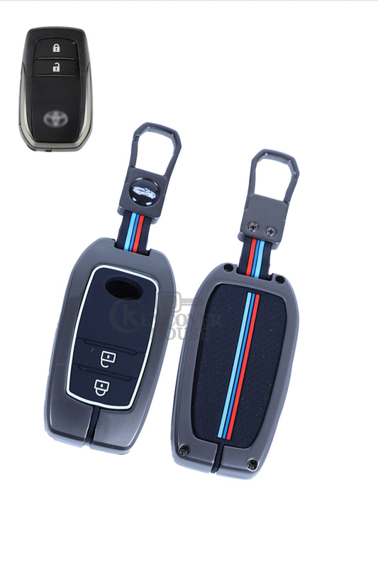 KEY COVER HOUSE Metal Striped Key Cover And Key Chain Compatible For Fortuner/Innova Crysta 2 Button smart key