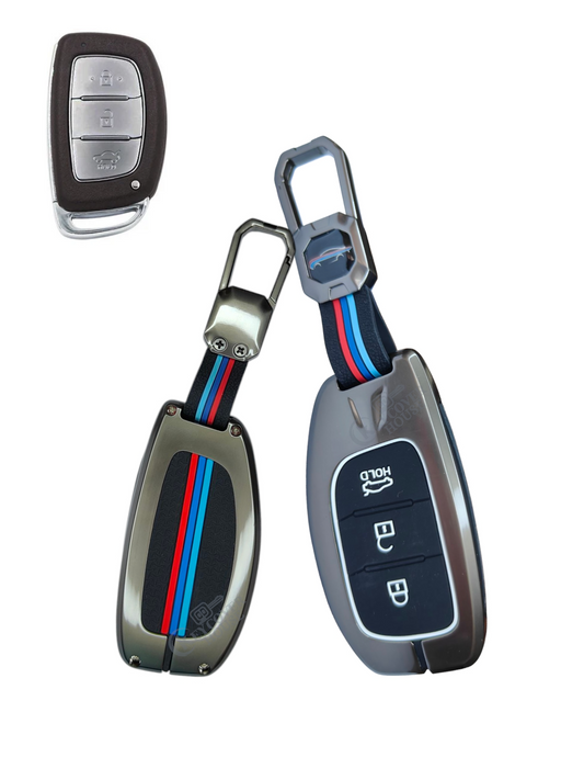 KEY COVER HOUSE Metal Striped Key Cover and Key Chain Compatible for Hyundai Creta I Venue I Tucson I Alcazar I Verna I Xcent I Aura I Elantra 3 Button Smart Key