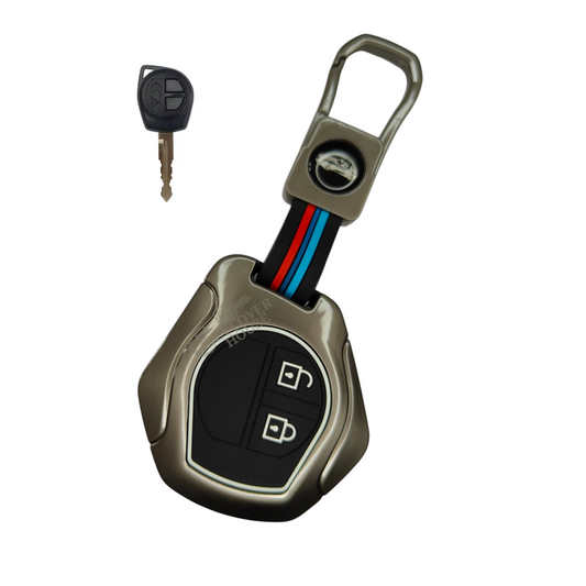 KEY COVER HOUSE Metal Striped Key Cover And Key Chain Compatible For Suzuki Swift, Ertiga, Wagonr, Celerio, Swift Dzire, Alto, Fronx, Breza, S Presso, Ignis Car 2 Button Smart Key