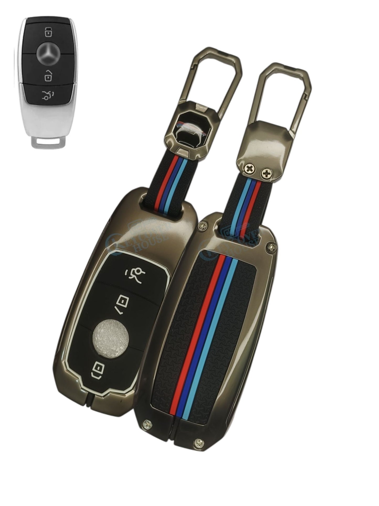 KEY COVER HOUSE Metal Striped Key Cover and Key Chain Compatible for Mercedes Benz A Class, C Class, G Class, E Class, S Class 2020 Onwards Cars New 3 Button Smart Key