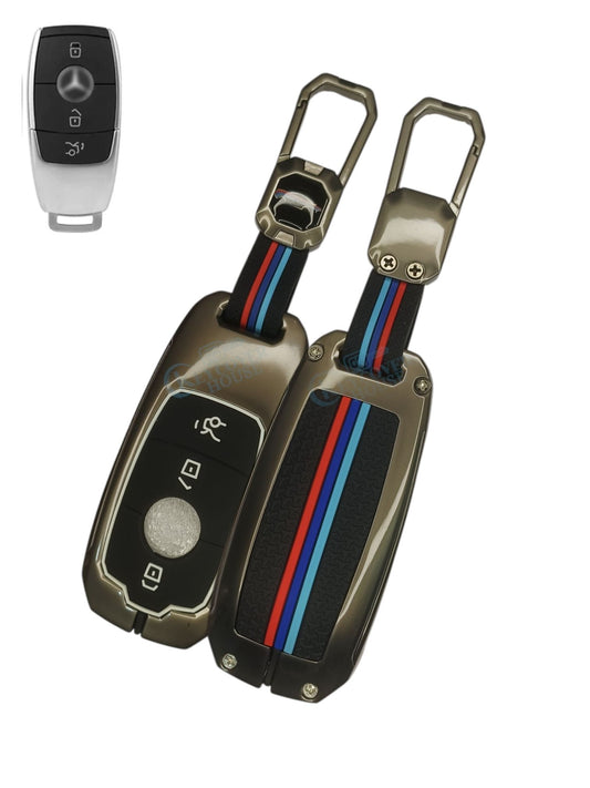 KEY COVER HOUSE Metal Striped Key Cover and Key Chain Compatible for Mercedes Benz A Class, C Class, G Class, E Class, S Class 2020 Onwards Cars New 3 Button Smart Key