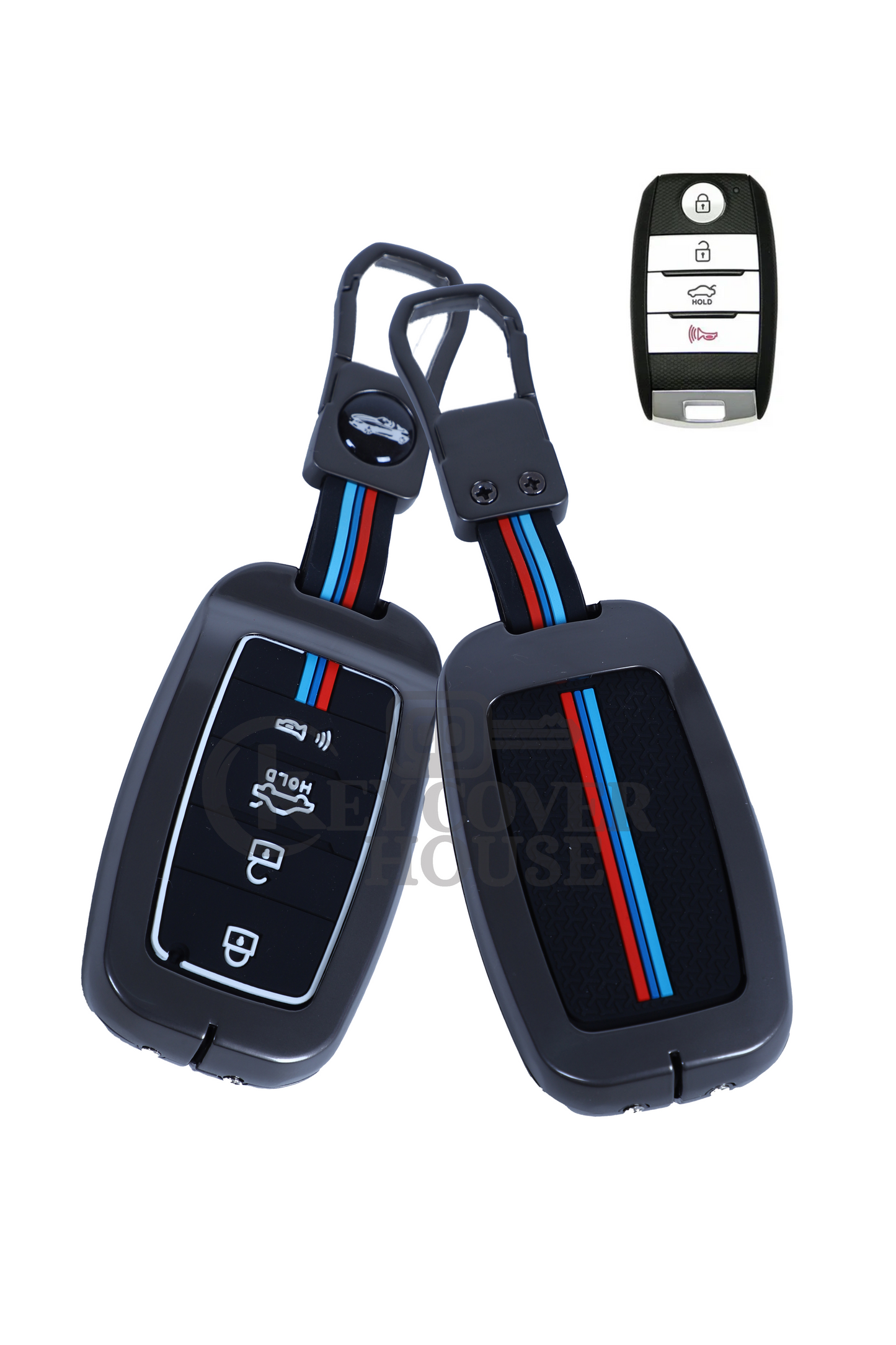 KEY COVER HOUSE Metal Striped Key Cover and Key Chain Compatible for Kia Seltos Car 4 Button Smart Key