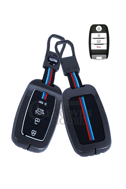 KEY COVER HOUSE Metal Striped Key Cover and Key Chain Compatible for Kia Seltos Car 4 Button Smart Key