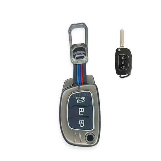 KEY COVER HOUSE Metal Striped Key Cover and Key Chain Compatible for Hyundai Creta I Venue I Tucson I Alcazar I i20 I Grand i10 Nios I Aura I Xcent I Exter 3 Button Flip Key