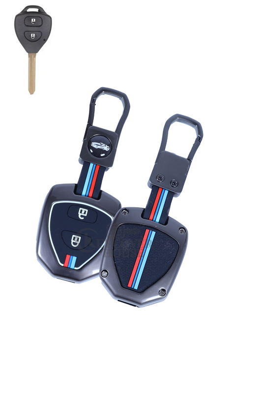 KEY COVER HOUSE Metal Striped Key Cover And Key Chain Compatible For "Camry/Corolla/Fortuner/ Innova"2 button smart key