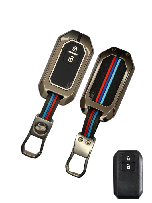 KEY COVER HOUSE Metal Striped Key Cover And Key Chain Compatible For Suzuki Swift, DZire, Baleno, Ertiga, Grand Vitara, Brezza, Fronx, Jimny, XL6, Ignis Car 2 Button Smart Key