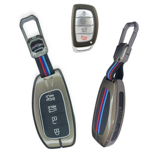 KEY COVER HOUSE Metal Striped Key Cover And Key Chain Compatible For "Creta/Elantra/i20(2021) /Tucson/Venue"4 Button smart key