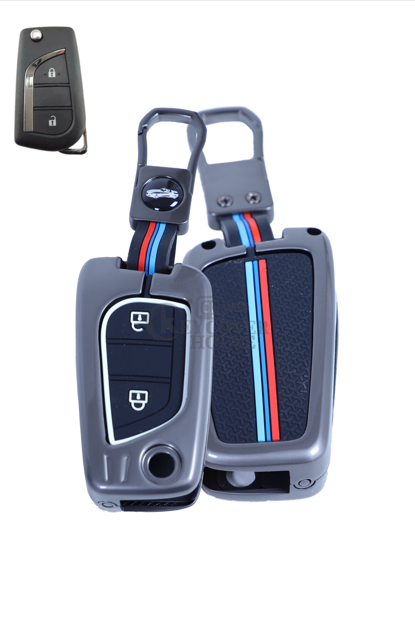 KEY COVER HOUSE Metal Striped Key Cover And Key Chain Compatible For Innova Crysta, Corolla Altis, 2 Button Flip Key