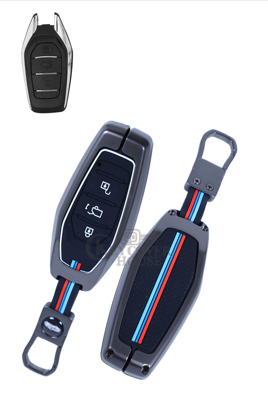KEY COVER HOUSE Metal Striped Key Cover And Key Chain Compatible For Mahendra XUV 500,3 Button Smart Key - Key Cover House