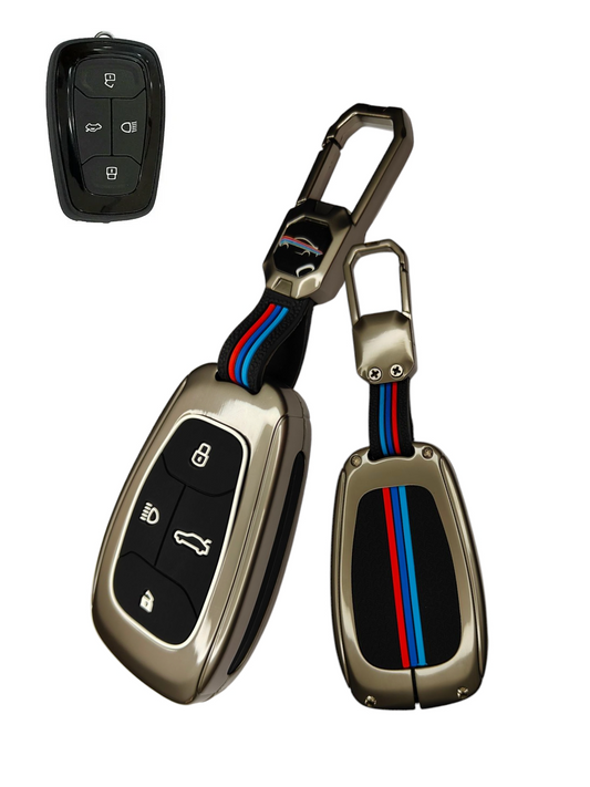 KEY COVER HOUSE Metal Striped Key Cover And Key Chain Compatible For Tata Nexon, Altroz, Harrier, Tigor, Gravitas, Safari, Punch Car 4 Button Smart Key