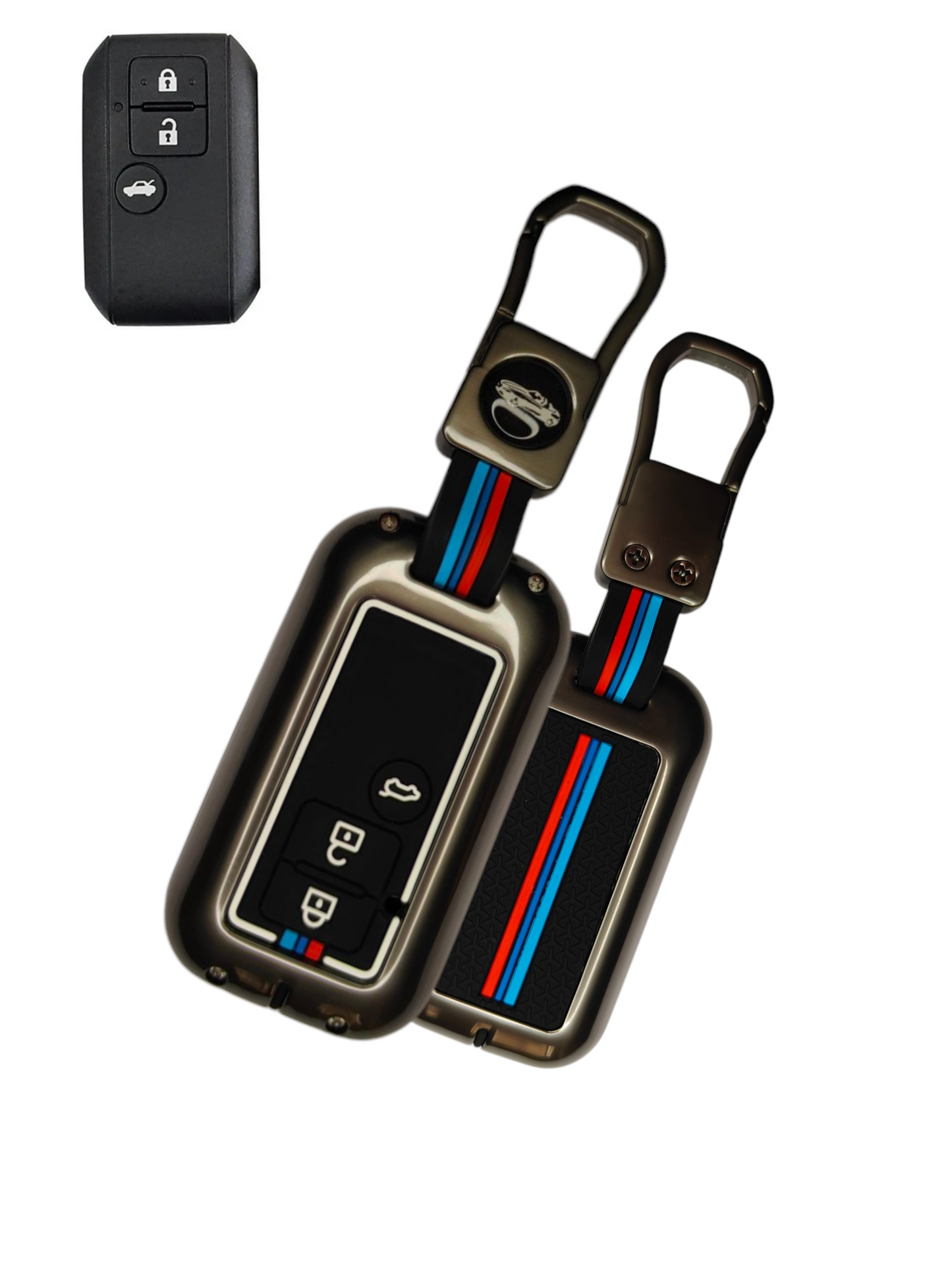 KEY COVER HOUSE Metal Striped Key Cover And Key Chain Compatible For Suzuki Ertiga, Dezire Car 3 Button Smart Key
