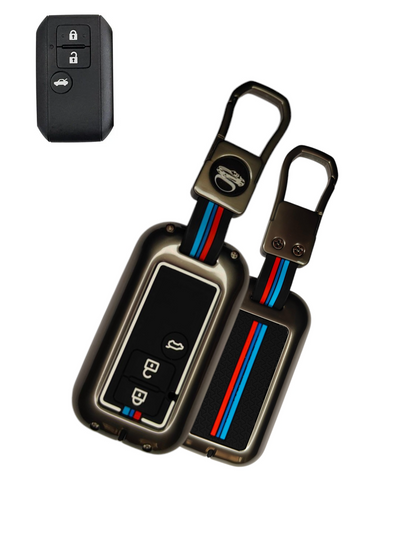 KEY COVER HOUSE Metal Striped Key Cover And Key Chain Compatible For Suzuki Ertiga, Dezire Car 3 Button Smart Key