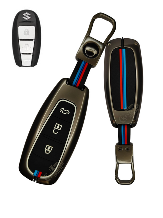 KEY COVER HOUSE Metal Striped Key Cover And Key Chain Compatible For Suzuki Baleno, Breeza, S Cross, Ciaz, Swift Car 3 Button Smart Key