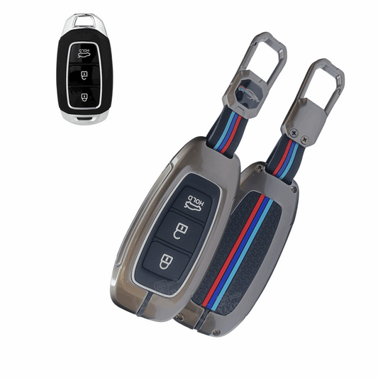 KEY COVER HOUSE Metal Striped Key Cover And Key Chain Compatible For Verna/Kona Electric 3 Button  Smart Key - Key Cover House